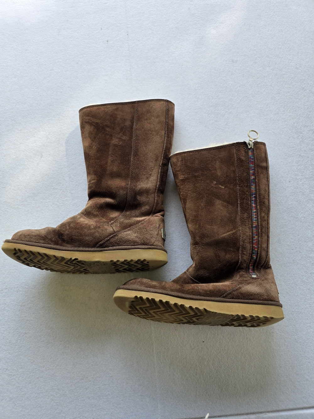 Cozy Kids Brown Suede UGG Winter Boots with Rainbow Side Zip